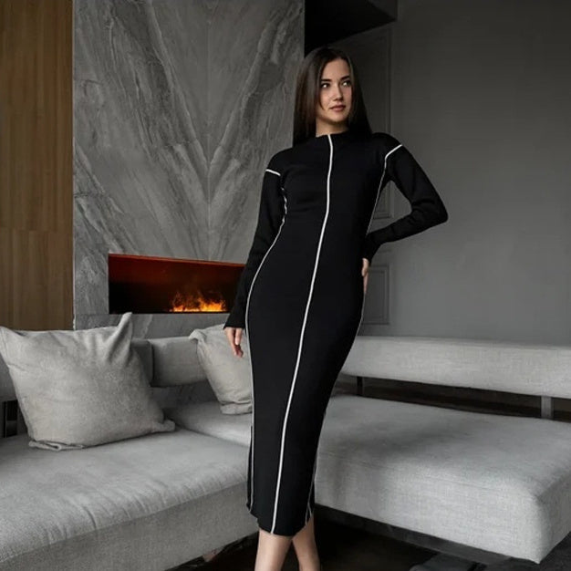 Contrasting Color Thread Sweater Long Dress Women