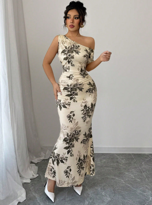 New Arrival Printed Off-shoulder High-waist Sheath Dress