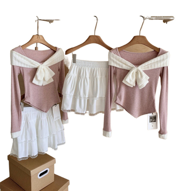 Small Sized Man's Wear A Set Of Fall Slim Fit Slimming Bow Top Female High Waist Tiered Dress