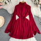 Horn Long Sleeves Stand Collar Waist A-line Chiffon Dress