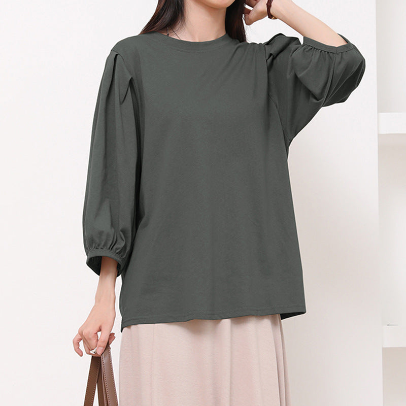 Japanese Cotton T-shirt Women's Breathable Lantern Sleeve
