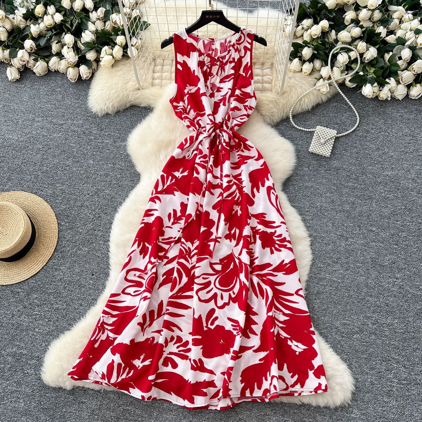 Retro Crew-neck Lace-up Sleeveless Printed Dress