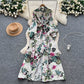 French-style Retro Elegant Single-Breasted Lace-Up Waist Floral Print Dress For Women
