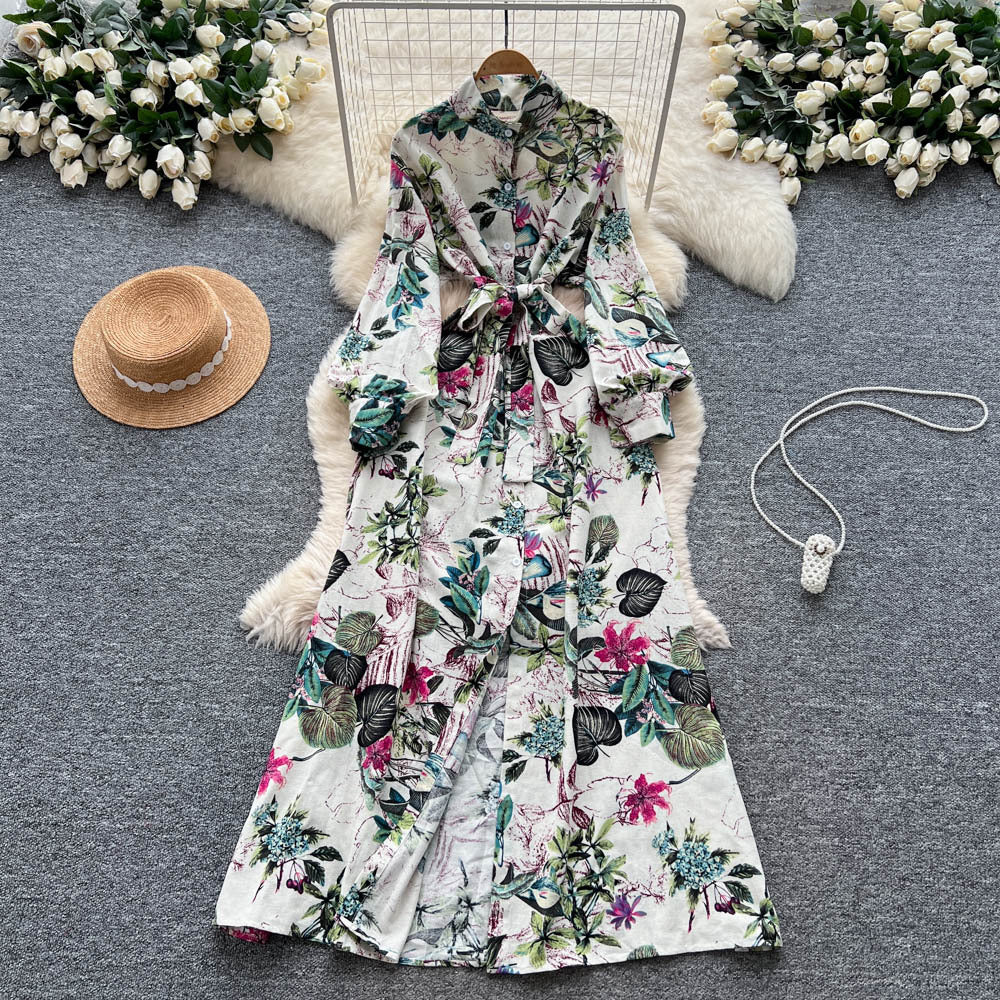 French-style Retro Elegant Single-Breasted Lace-Up Waist Floral Print Dress For Women