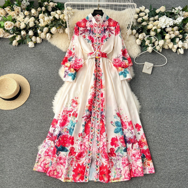 New High-grade Stand Collar Lantern Long Sleeve Waist-tight Printed Dress
