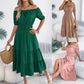 Casual Off-shoulder Ruffled Short-sleeve Belted Waistline Maxi Dress