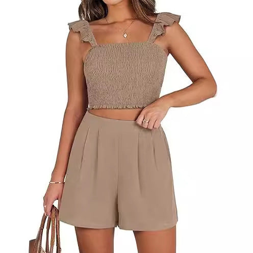 Costume décontracté sans manches à bretelles spaghetti à volants pour femme