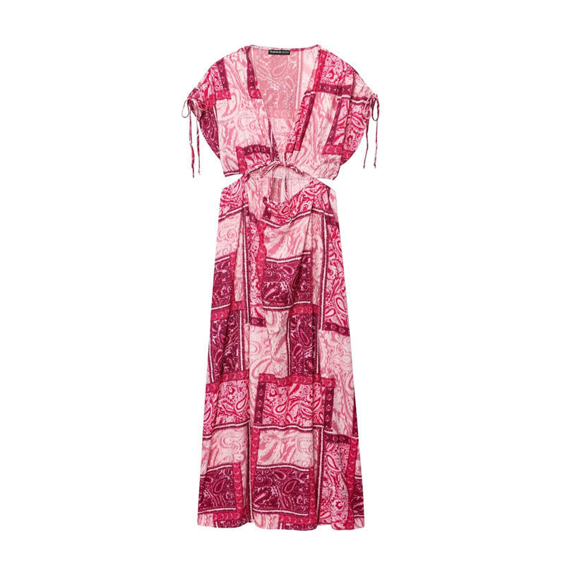 V-neck Hollow Midriff Outfit Patchwork Printed Short Sleeve Dress