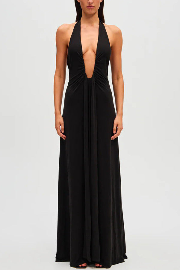 European And American Solid Color See-through Low Cut Sleeveless Dress Women