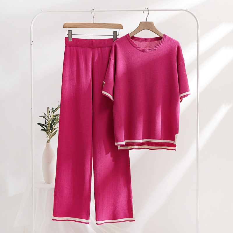 Pull ample patchwork avec haut à manches courtes et pantalon fendu, ensemble en tricot