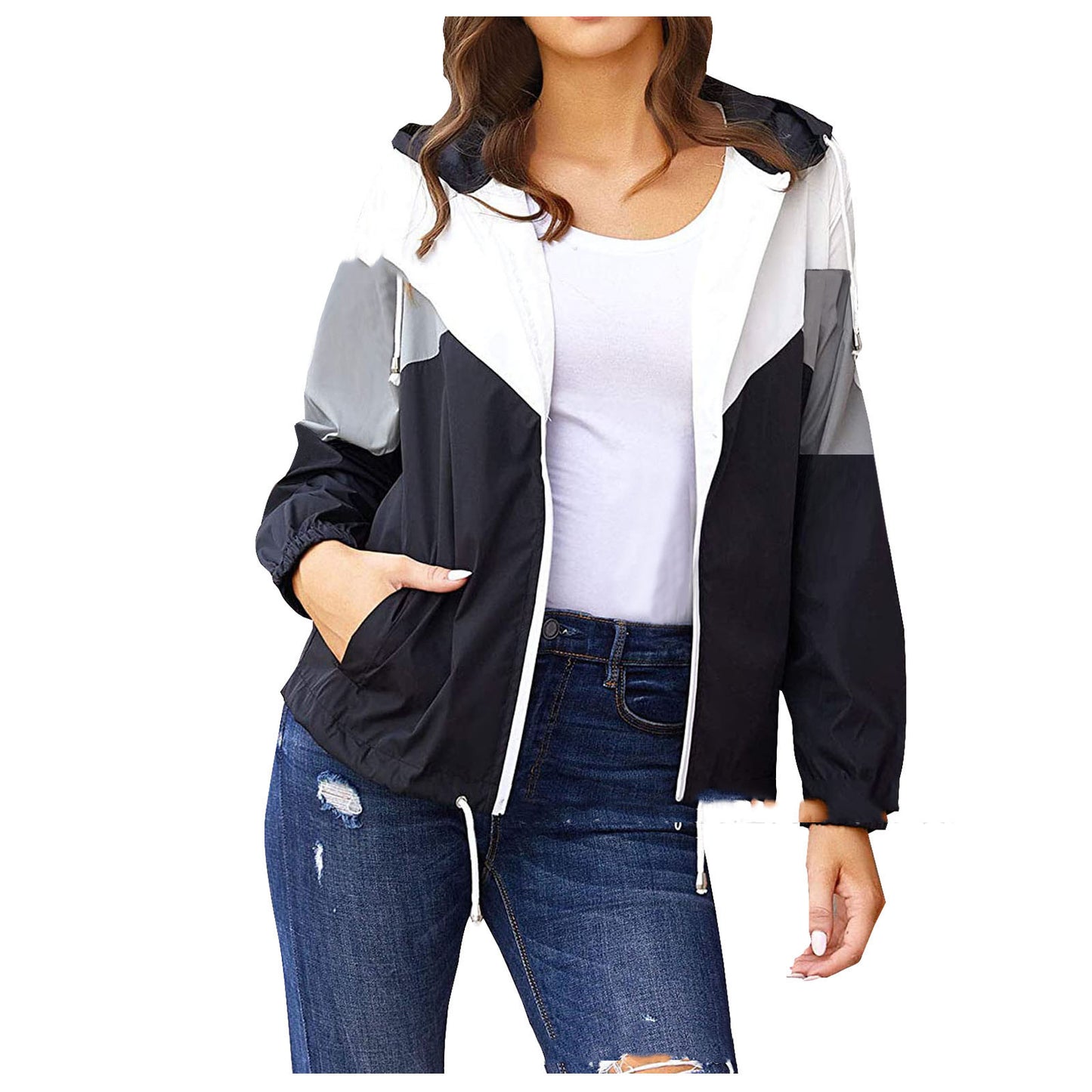 New Stitching Hooded Long-sleeved Women's Windbreaker