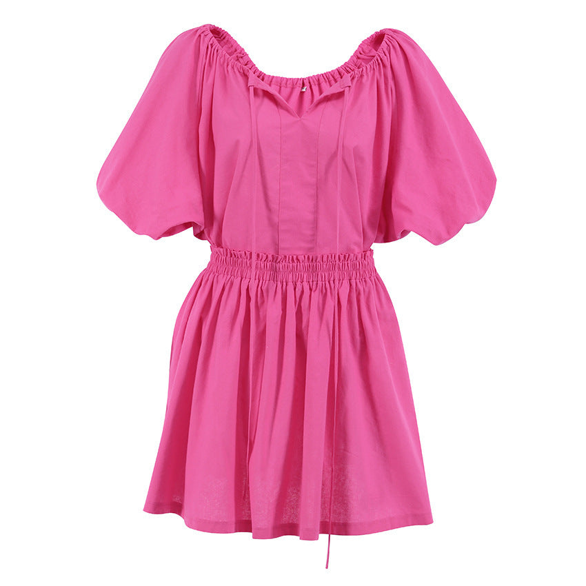 Costume décontracté col en V coton et lin vêtements pour femmes chemise à manches lanternes jupe courte costume deux pièces