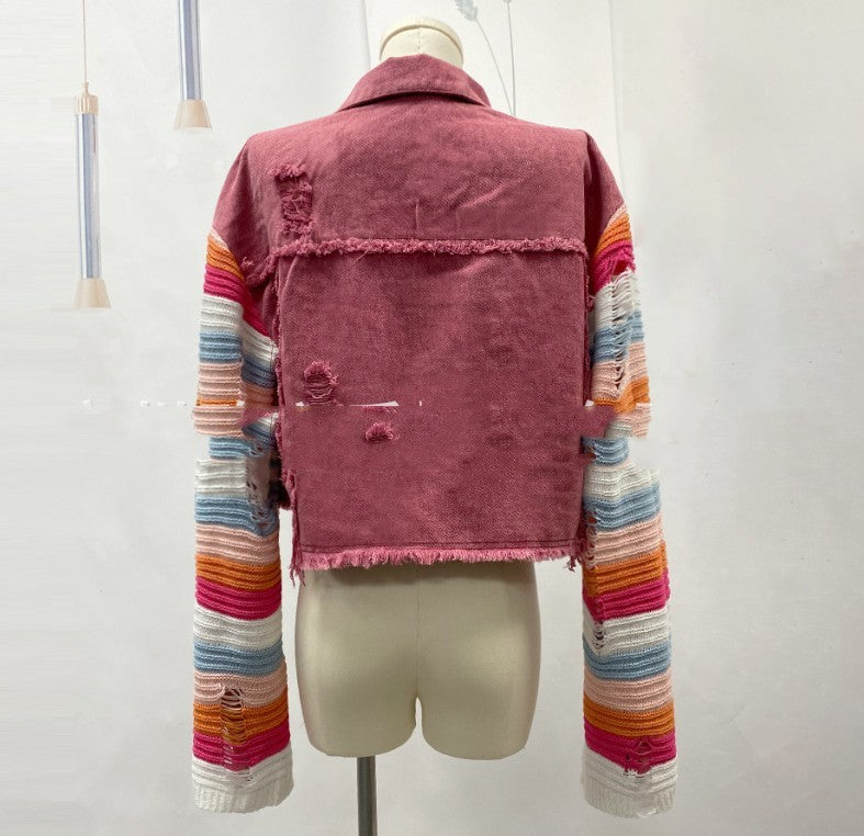 Fall Winter Cowboy Patchwork Knitting Coat Female Rainbow Ripped Long Sleeves Cropped Jacket