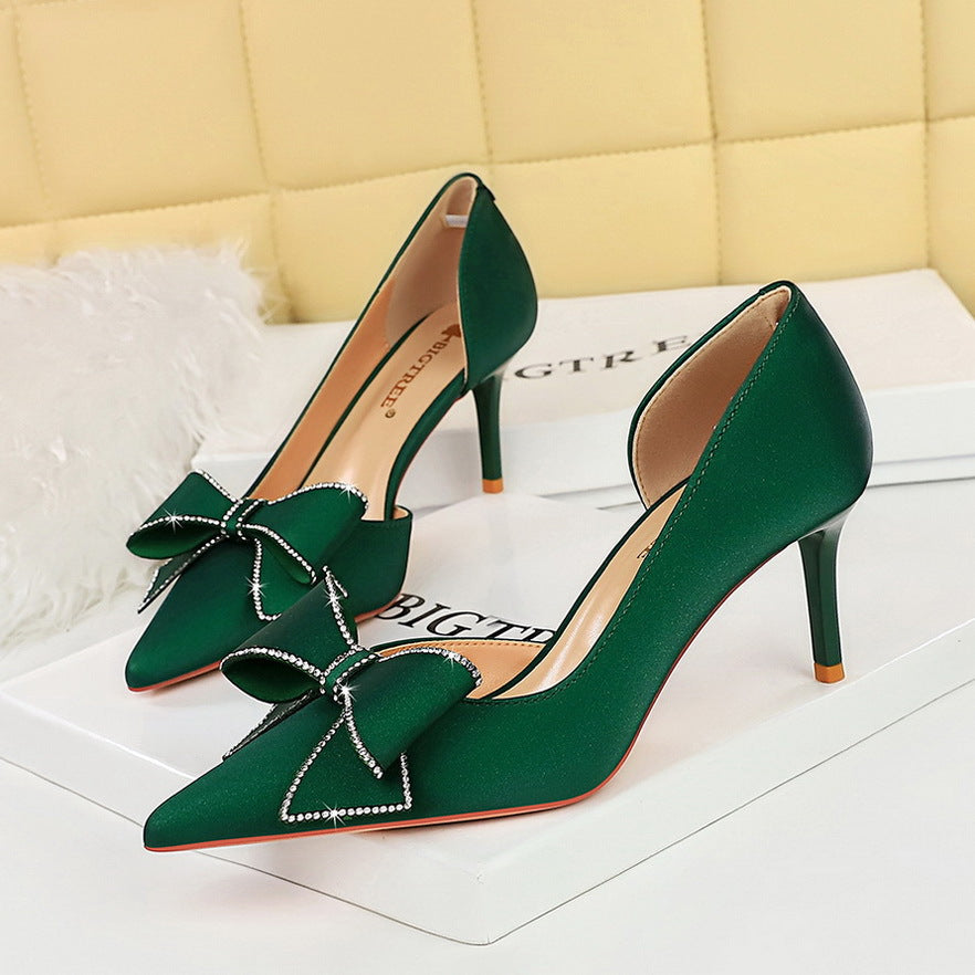 Women's Stiletto Low-cut Pointed Side Hollow Rhinestone Bow High Heels