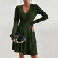 European And American Women's V-neck Waist-cinching Popular Fabric Ribbed Brushed Long-sleeve Dress
