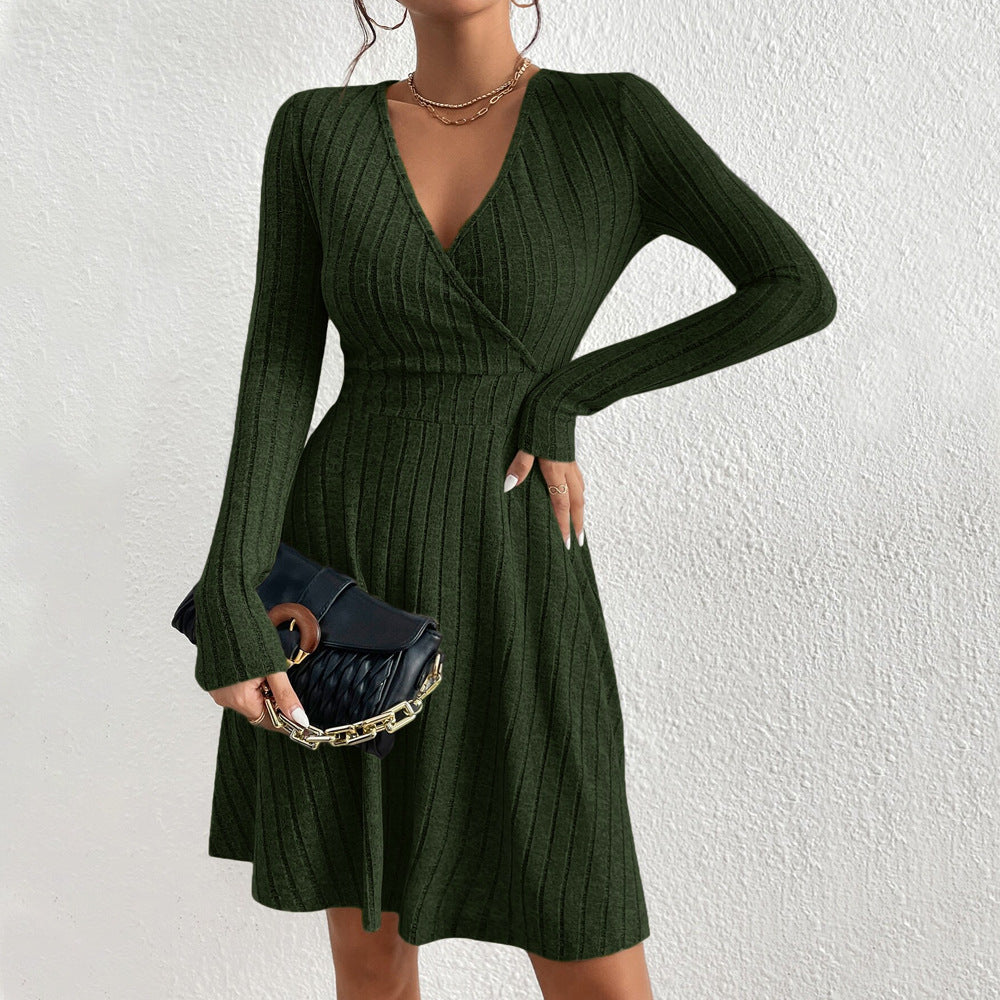 European And American Women's V-neck Waist-cinching Popular Fabric Ribbed Brushed Long-sleeve Dress