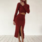 High-neck Long-sleeve T-shirt High-waist Wrap Slit Skirt Casual Set