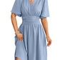 V-neck Fitted Waist Flare-sleeve Fashion Dress Women