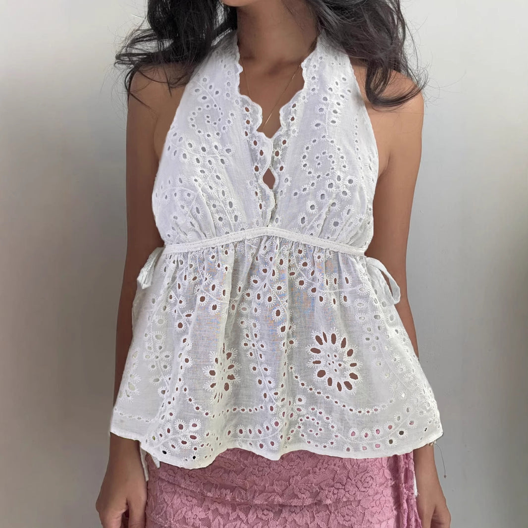 Jacquard Lace Edge Halterneck Vest Irregular Hem Bottoming Shirt