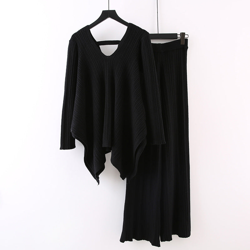 Ensemble pull-over élégant et tendance pour l'automne, haut en tricot plissé irrégulier à col en V, pantalon large