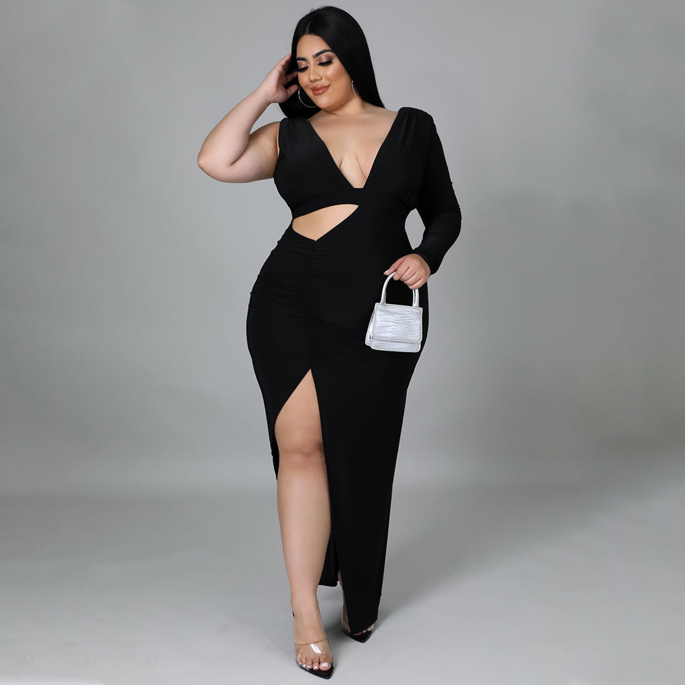 Solid-color Single-sleeve Sexy Hollow-out Maxi Dress