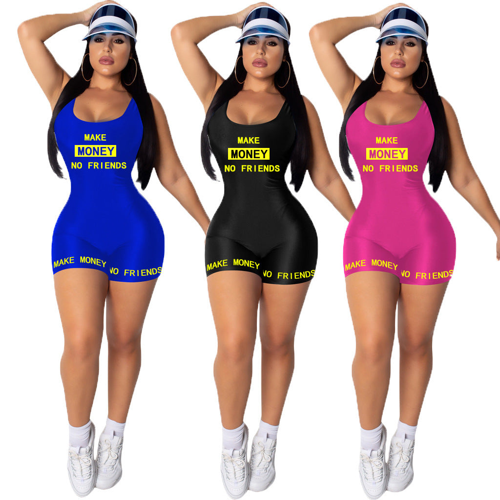 Women Casual Sports Jumpsuit Summer Sleeveless Vest Letter Print Bodysuits Fitness Fashion Rompers One Piece Outfits
