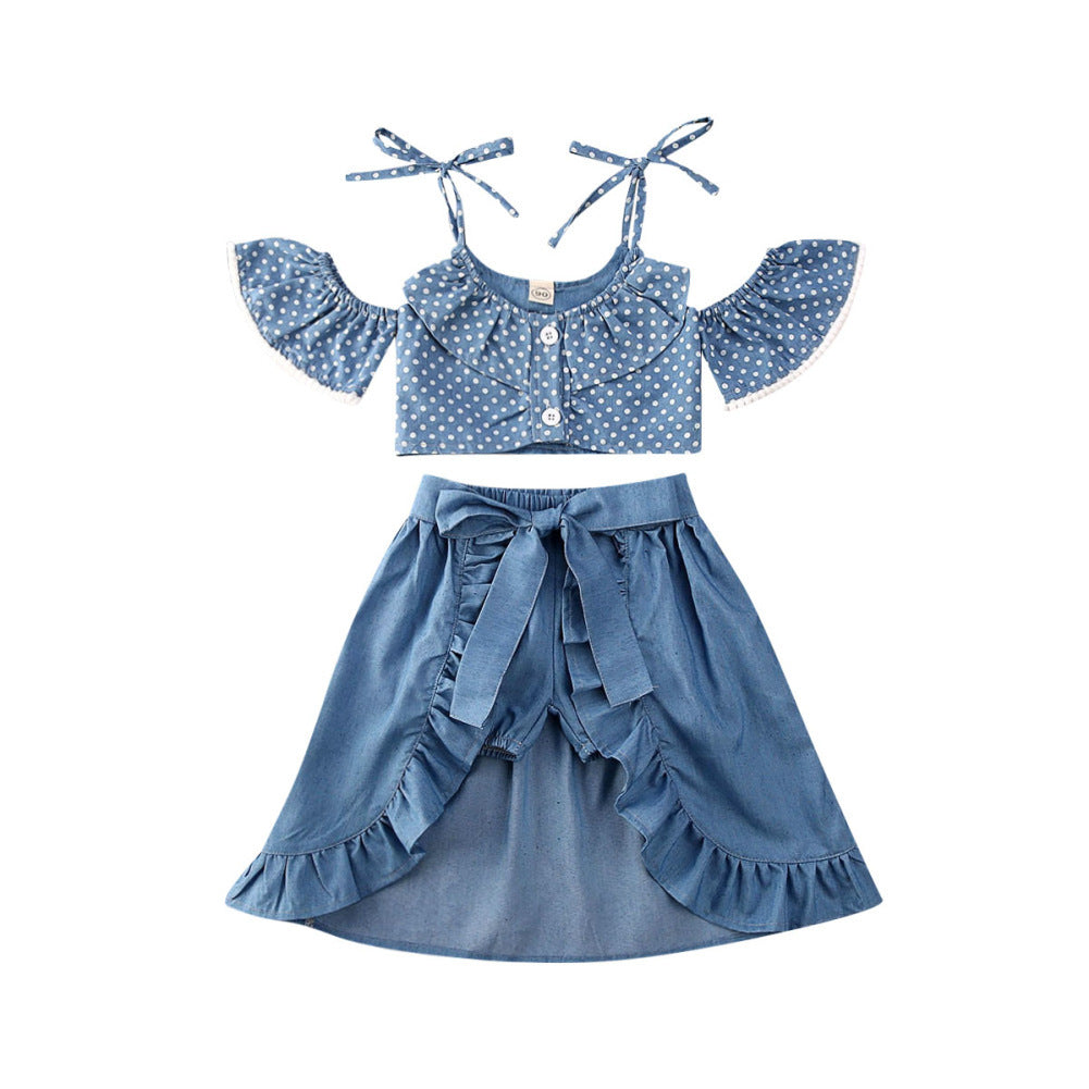 Polka Dot Sling Top Denim Shorts Short Skirt Three-Piece Suit