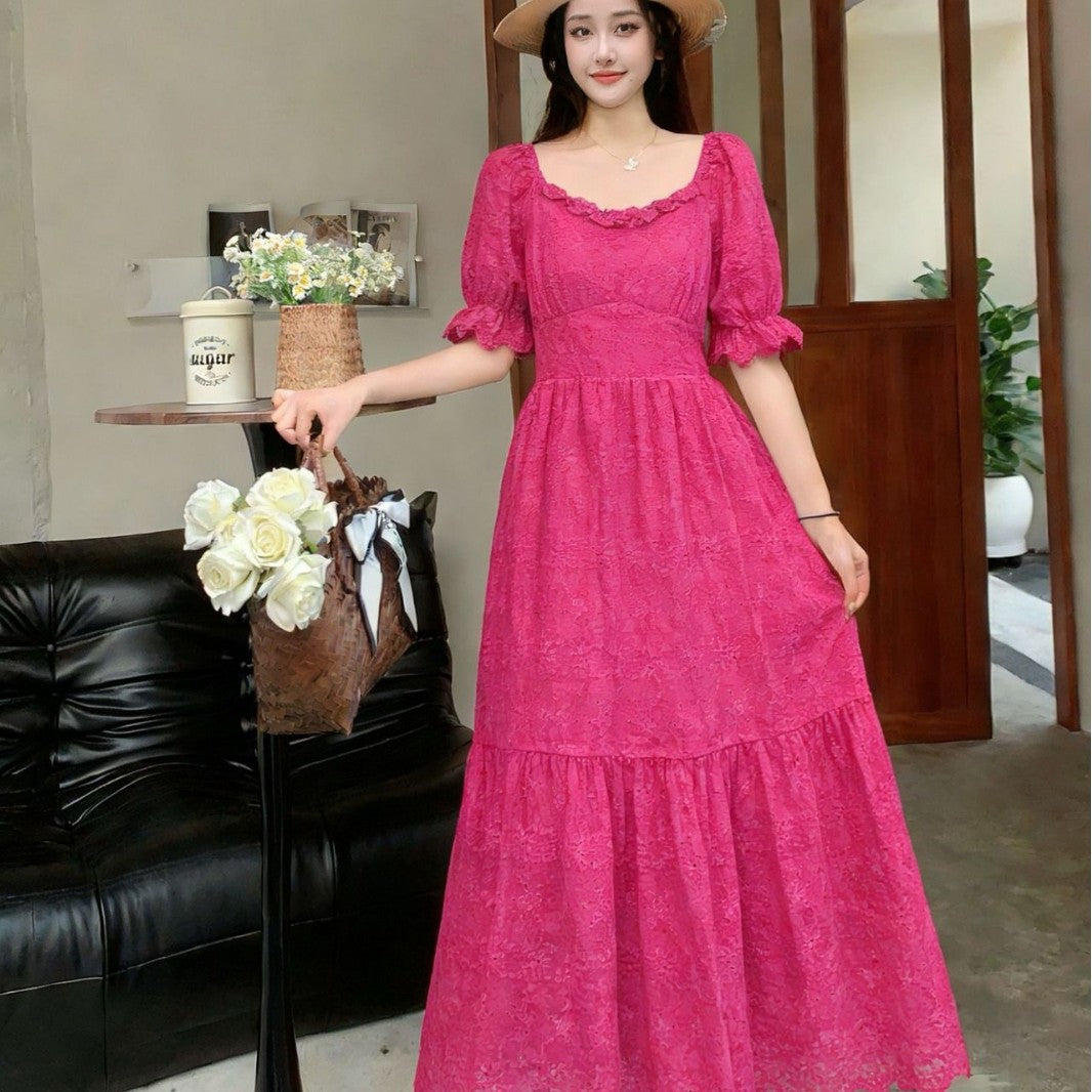 Women's French Retro A-Line Hollow-out Short-Sleeve Dress
