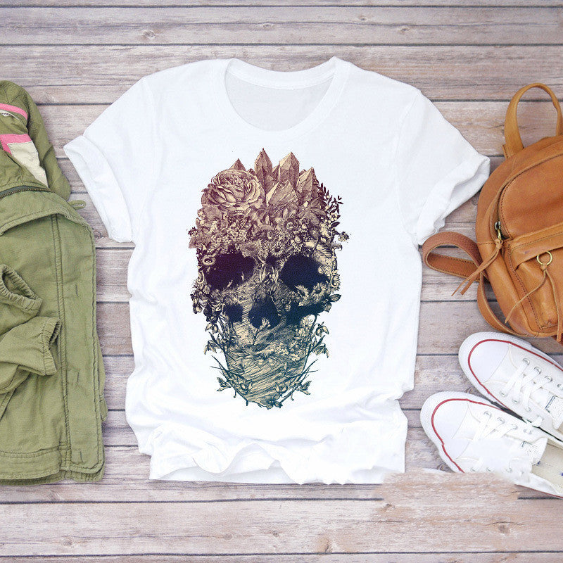 T-shirt personnalisé pour femme avec imprimé tête de mort, papillon et plante