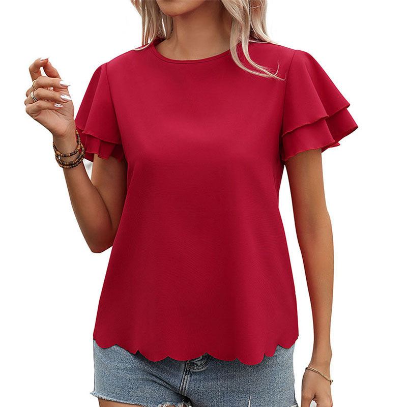 Women's Double-layer Ruffle Sleeve Solid Color Top