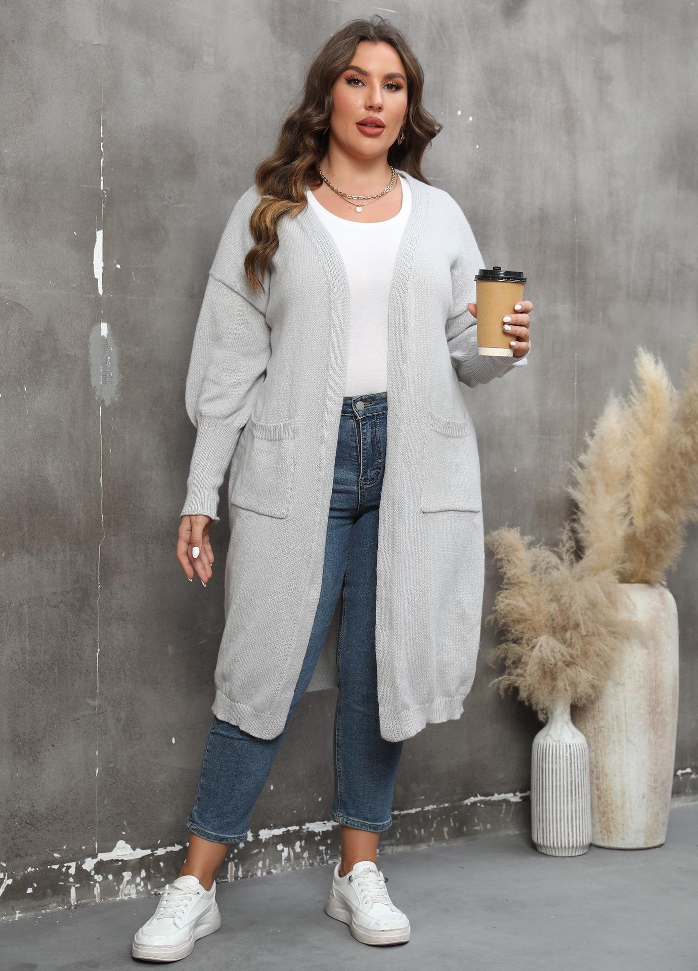 Pull ample mi-long tissé grande taille, style européen et américain, manteau à manches lanternes et double poche
