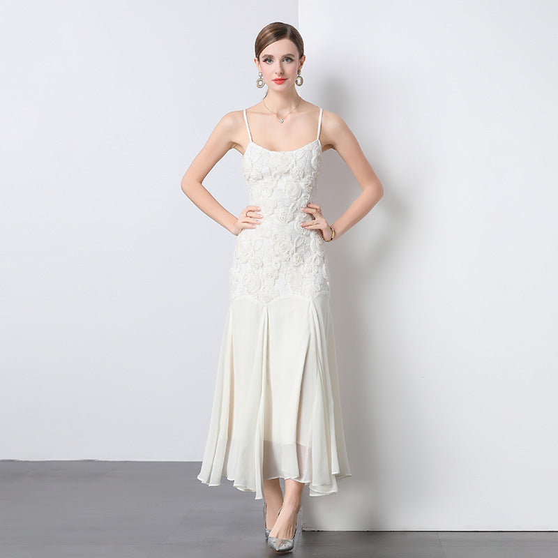 French Style Machine Embroidery Rose Flower Sling Dress