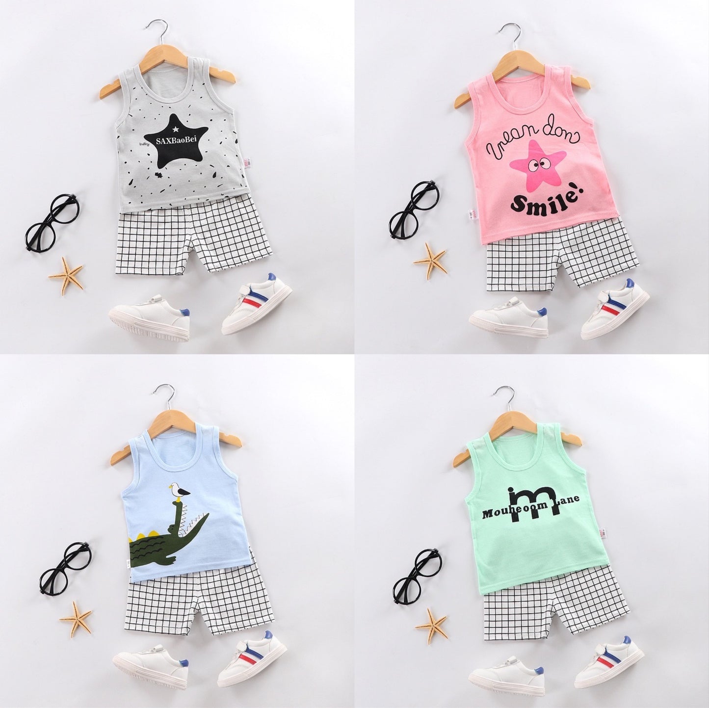 Vêtements pour bébés, ensemble deux pièces sans manches en coton avec bretelles