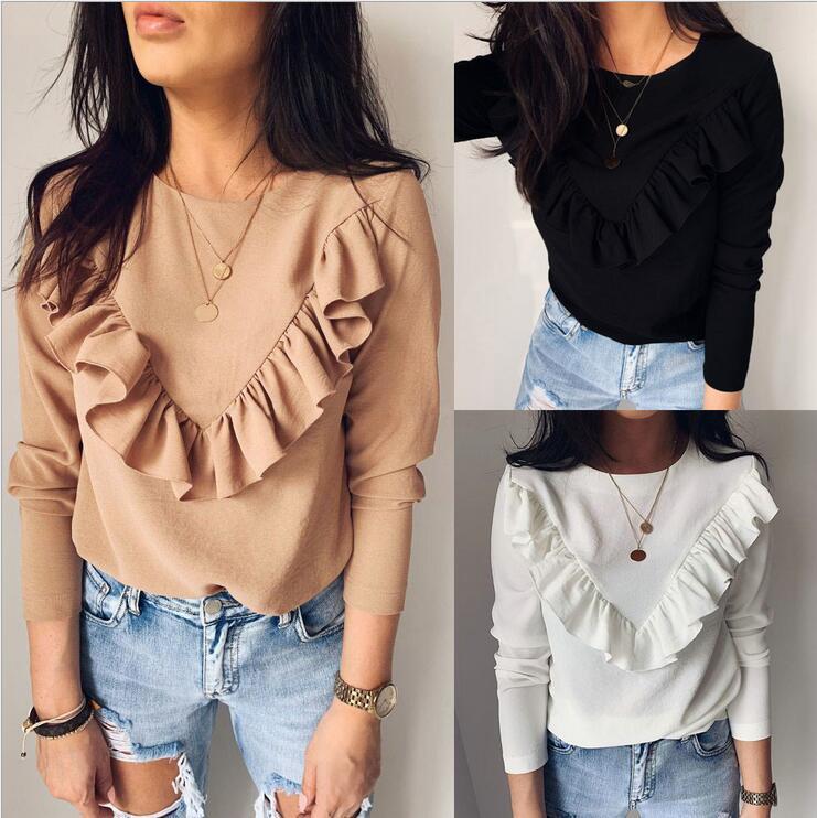 Ruffled round neck long sleeve top