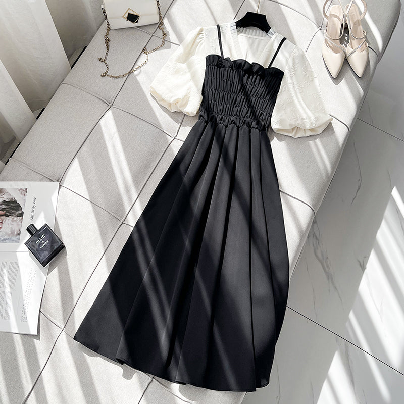 Bubble Sleeves Hepburn Little Black Lace Splice Dress