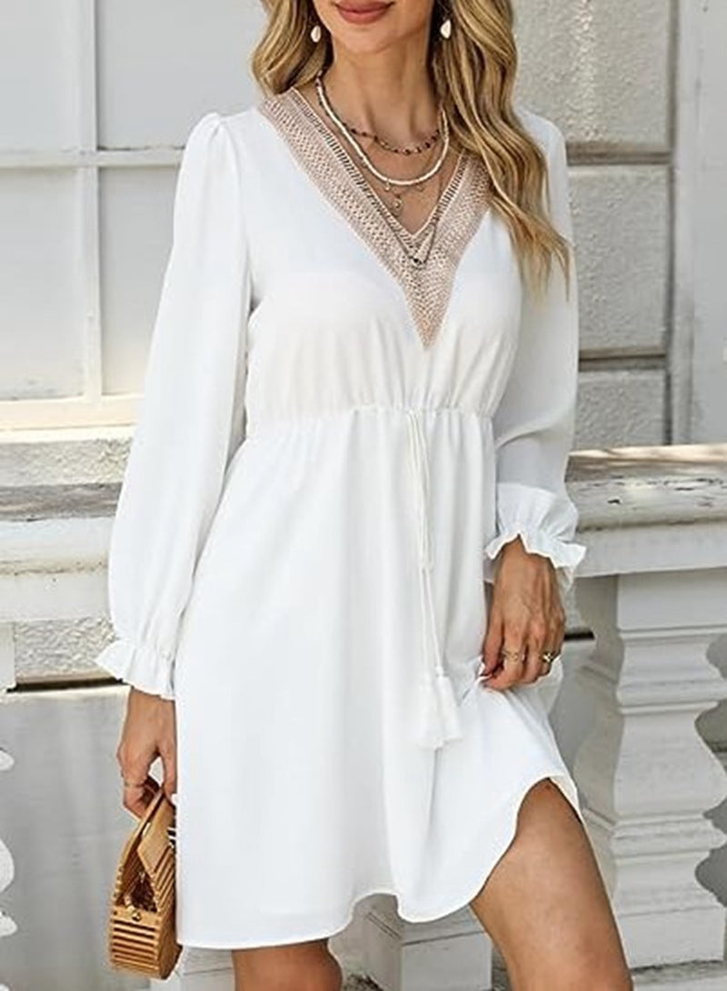 Solid Color Long Sleeve Lace V-neck Tight Waist Dress