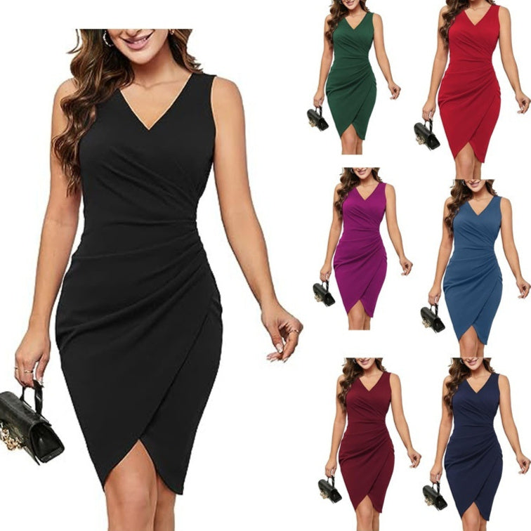 Women's V-neck Sleeveless Artificial Wrap Pleated Tight Cocktail Party Work