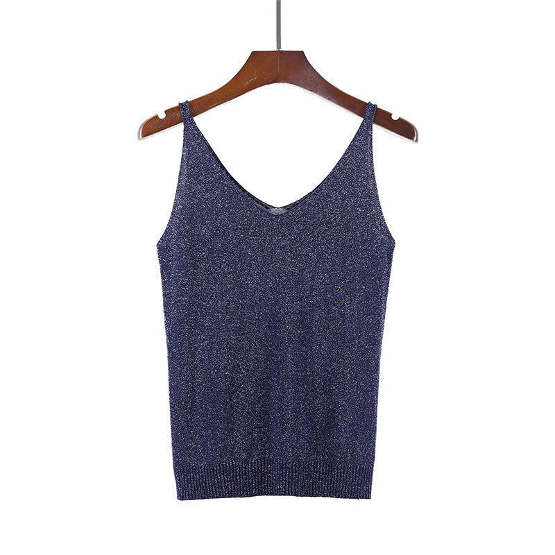 V-neck suspender knitted glitter vest