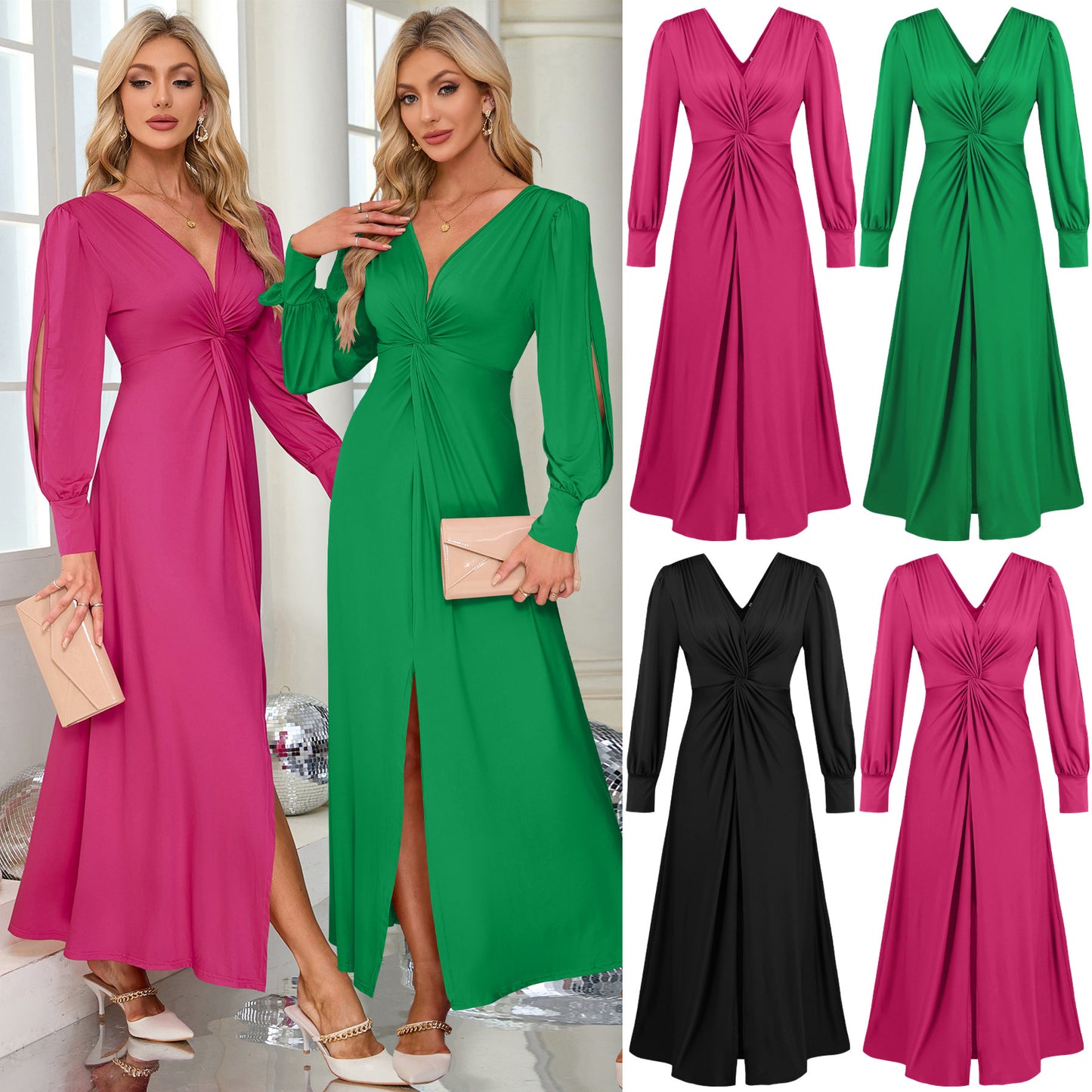 Robe plissée à col en V et fente sur la poitrine