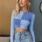 Women's Colorblock Checkered Pullover Irregular Long Sleeve Bottoming Shirt