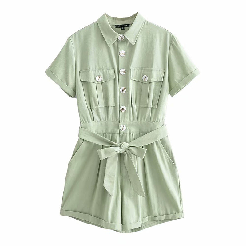 Lace-up waist tooling casual jumpsuit
