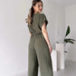 Women's V-neck Single Breasted High Waisted Lace Up Straight Leg Jumpsuit Pants