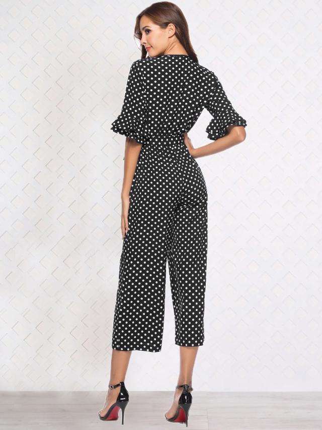 Half sleeve V-neck polka dot print jumpsuit