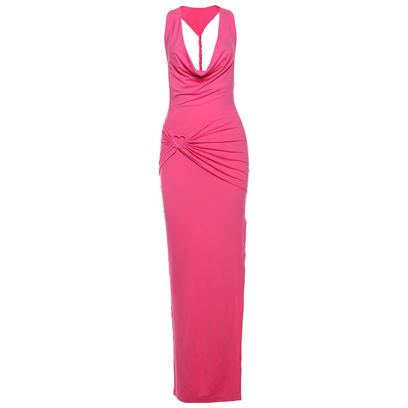 Robe fendue dos nu à col pile pour femme, couleur unie