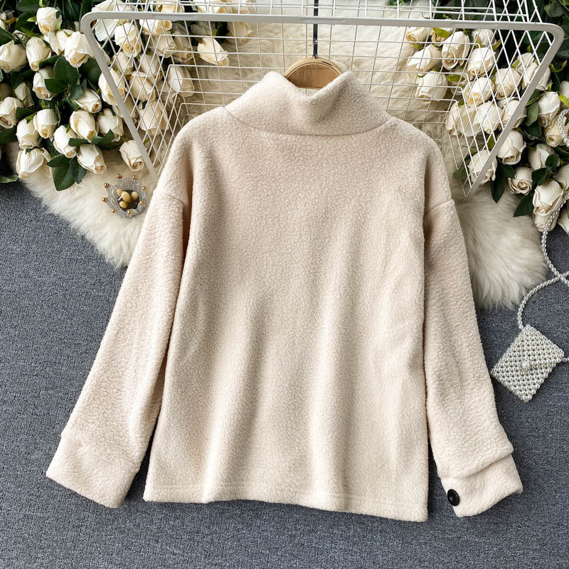 Lamb Wool Jacket Lady With High Collar Button