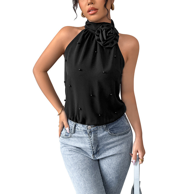 Elegant Style Three-dimensional Flower Half Turtleneck Halter Jumpsuit