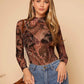 Women Paisley Printed Stand Collar Mesh Long Sleeve T-shirt