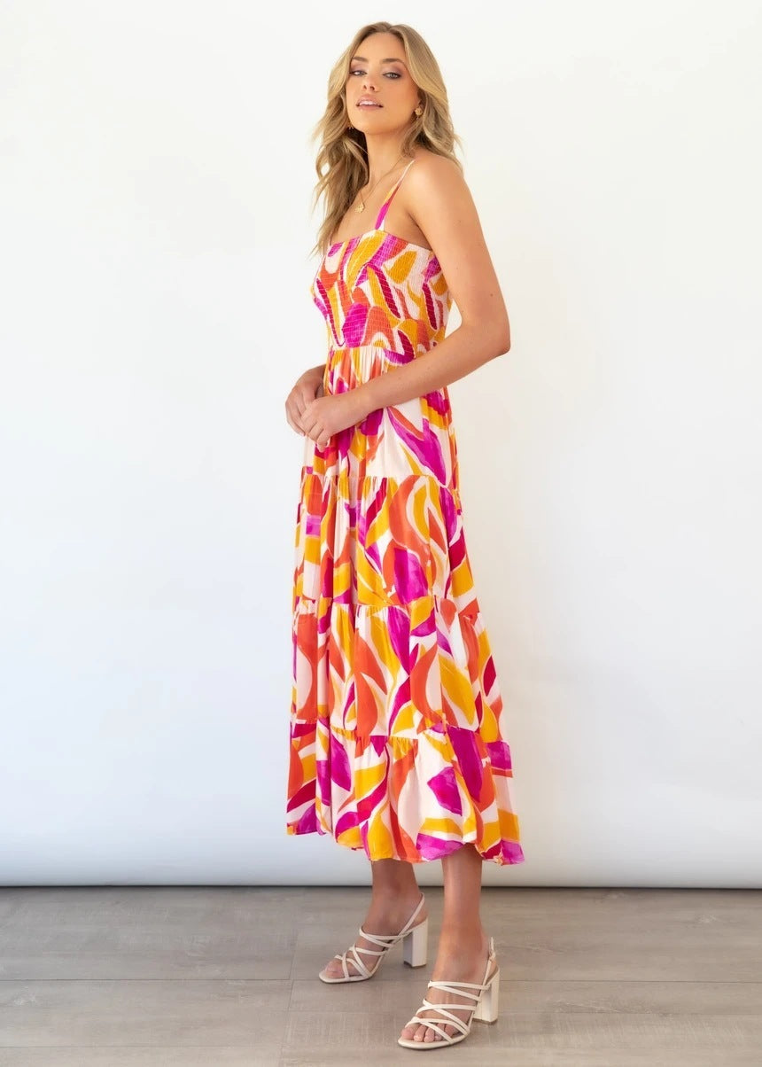 Spaghetti-strap Floral Print Pleated Dress