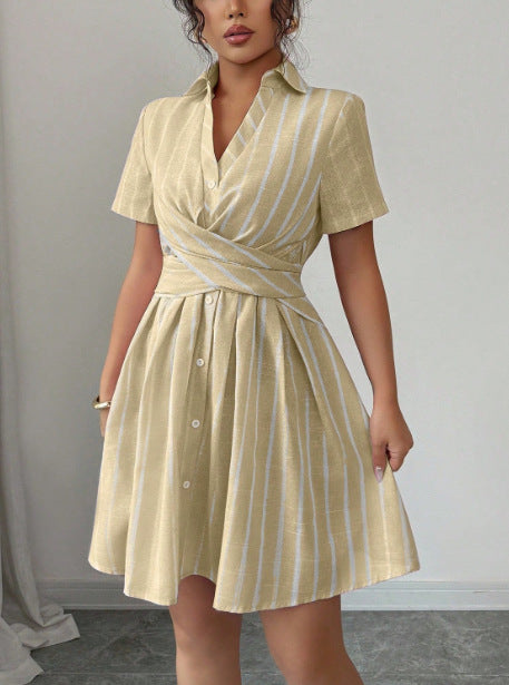 Strap-waisted Striped Shirt-style Short Dress