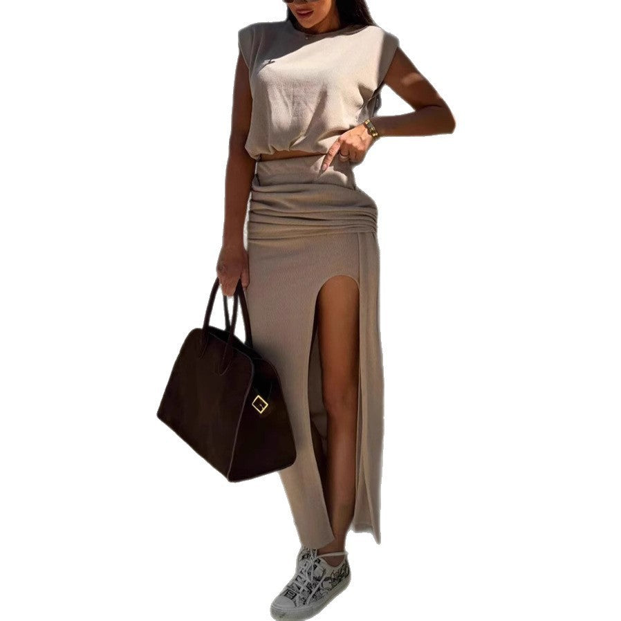 Casual Top Drawstring Slit Midi Dress Suit
